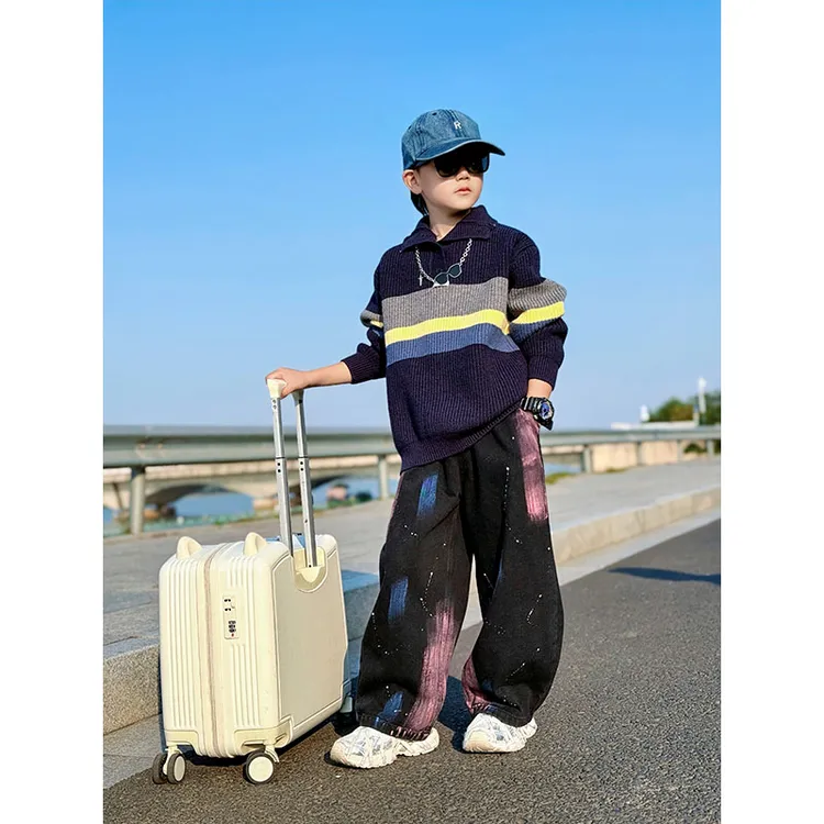 男童冬季休闲时尚翻领条纹拼色针织衫保暖套头长袖毛衣撞色上衣