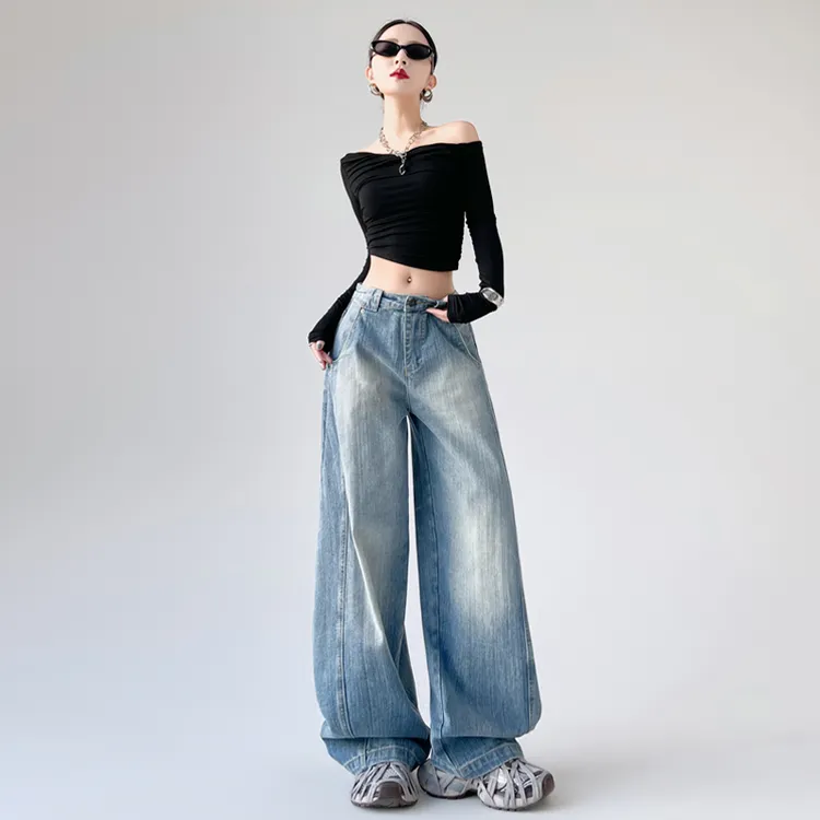 美式复古竹节结构宽松弯刀牛仔裤显瘦直筒高腰休闲裤长裤子女款