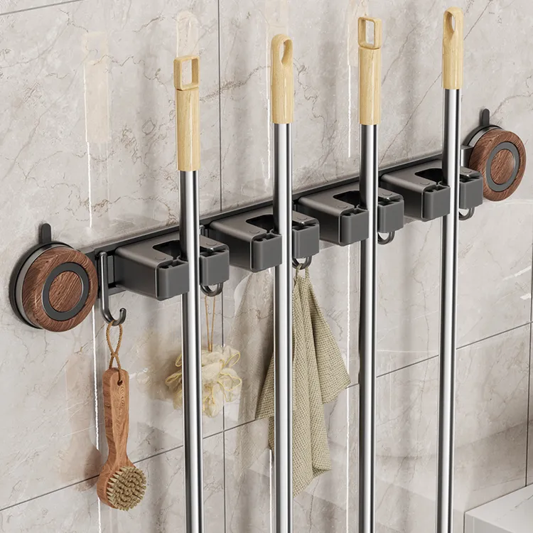 胡桃木纹吸盘拖把挂夹卫生间免打孔挂钩浴室扫把架联可移动排挂钩