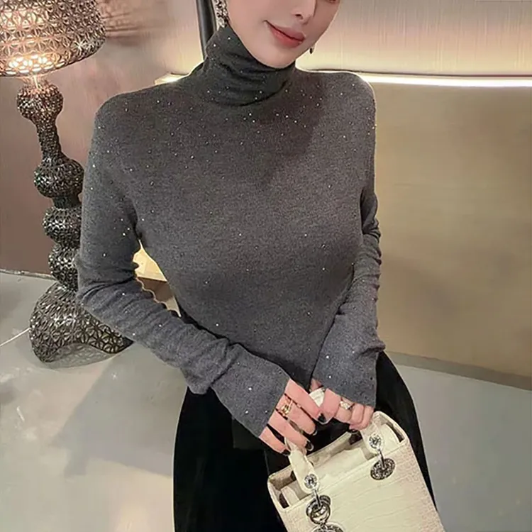 高级感灰色高领针织衫女士秋冬新款修身显瘦烫钻堆堆领打底衫上衣