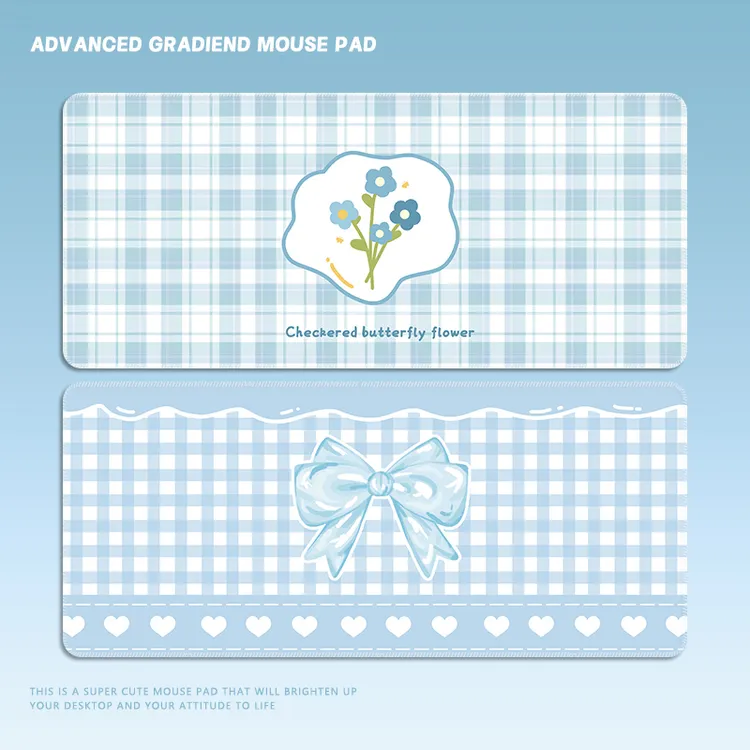 简约INS风蓝色格子鼠标垫超大女生高颜值办公工位键盘垫家用学习