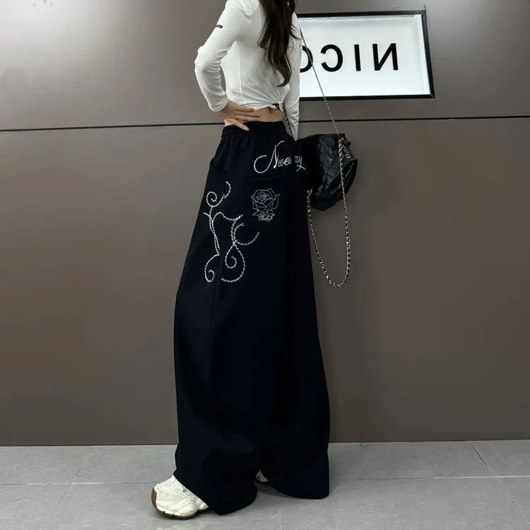美式街头爵士舞运动裤女高腰宽松重工千禧玫瑰刺绣抽绳两穿休闲裤