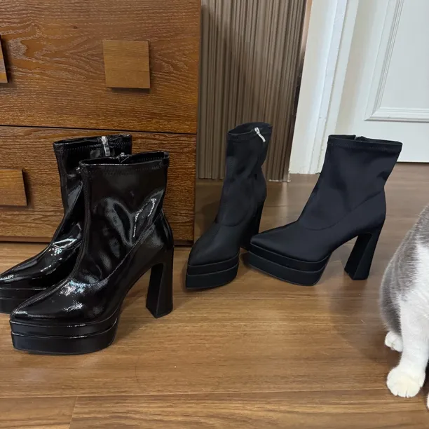 防水台防水超高跟马丁靴粗跟靴时尚尖头城市机能风瘦瘦靴