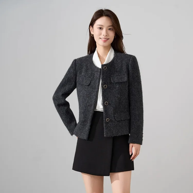 小香风灰色短款毛呢外套女冬季高级感小个子加厚圆领羊毛呢子上衣
