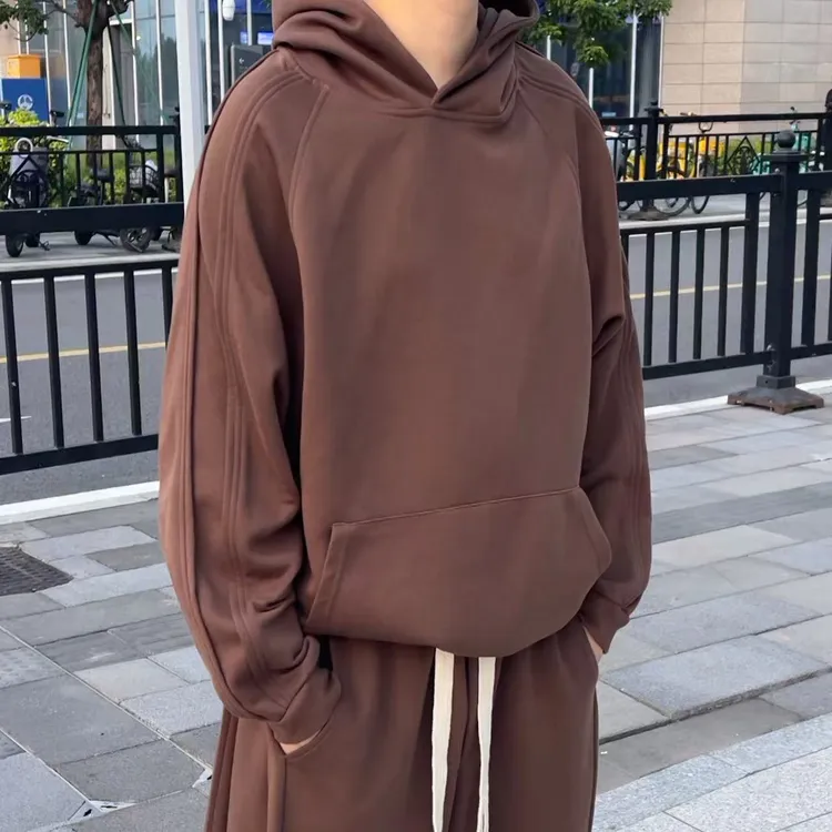 纯色420g双面棉秋冬男士套头卫衣连帽立体褶边长袖设计连帽卫衣