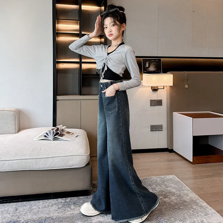 春秋新款大童宽松裤子女童秋季洋气女童女童阔腿裤女童加绒裤子