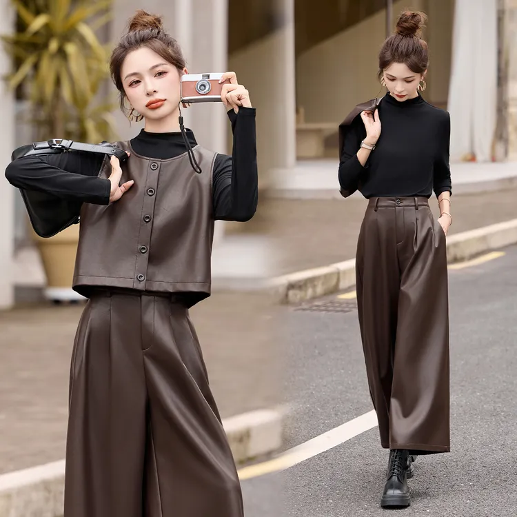 设计感两面穿马甲皮衣套装女2025年春秋新款时髦显瘦阔腿裤三件套