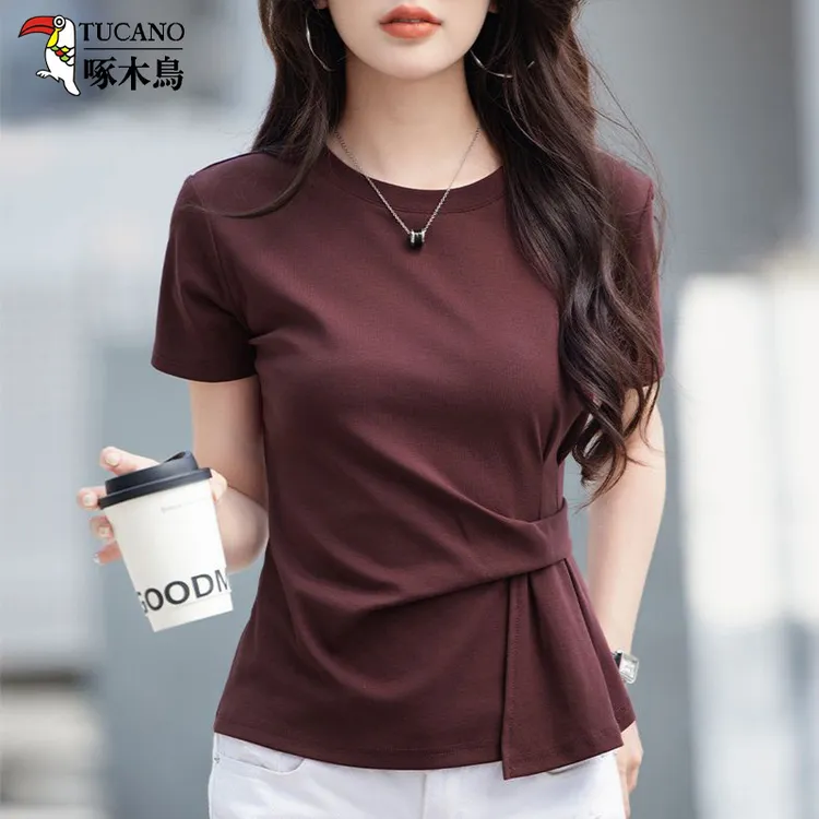 啄木鸟2025夏季新款短袖T恤女不规则遮肚子显瘦上衣女宽松百搭t恤