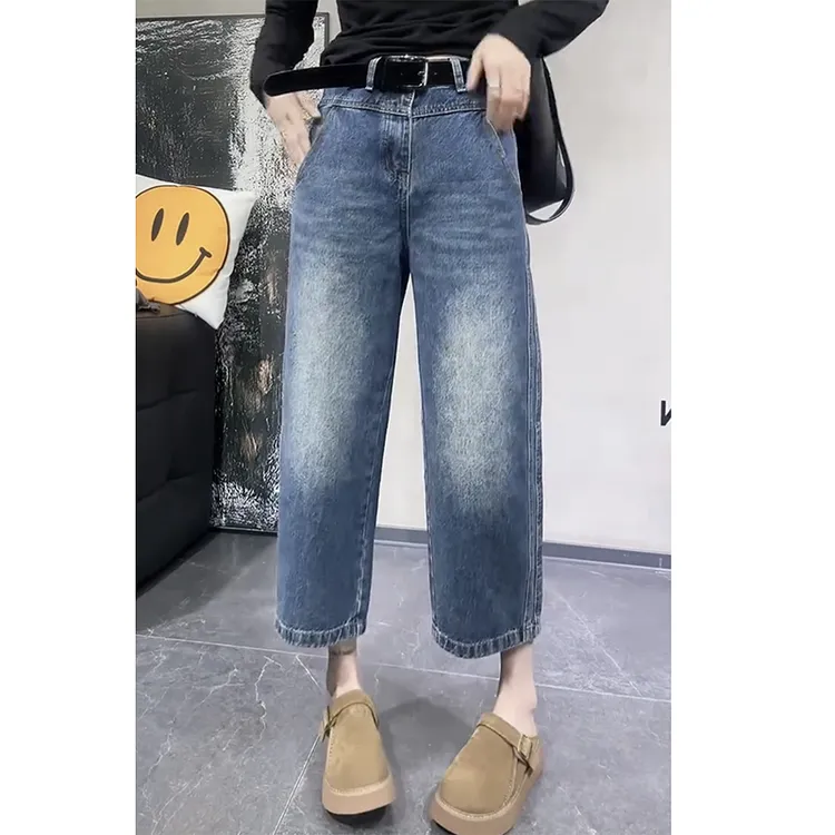 阔腿八分裤显瘦复古2025春季新款欧货小个子高腰直筒大码牛仔裤女