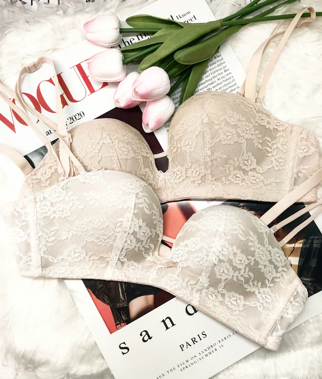 裸感小半杯无肩带内衣女聚拢小胸显大防下垂蕾丝文胸罩