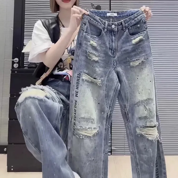 春季高腰显瘦大码阔腿牛仔裤春季新款破洞别致显瘦阔腿牛仔裤