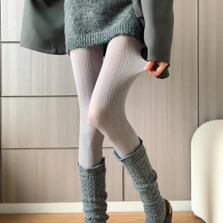 韩系复古秋冬温柔气质御姐竖纹打底裤宽松慵懒感堆堆针织小腿袜套