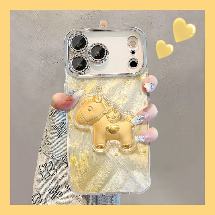 金箔马公仔适用苹果17华为vivo/oppo小米iPhone16精孔羽纱手机壳