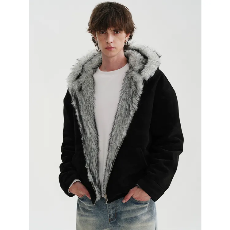 MIDASHAND 25aw狼王座山雕纯色仿狼毛夹克正反两穿拼毛连帽外套男