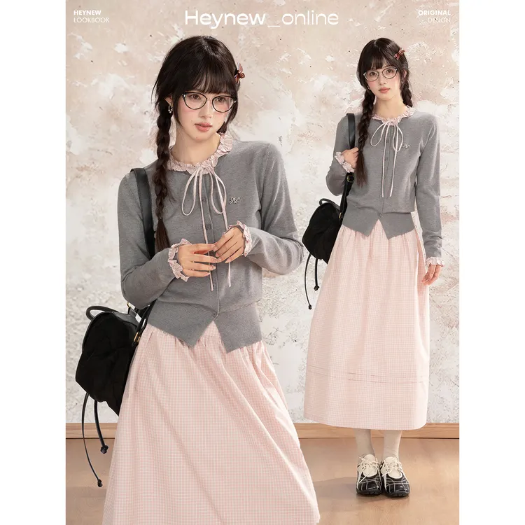 【想见你】韩系假两件木耳边毛衣针织开衫显瘦格纹半裙套装WP654AHN