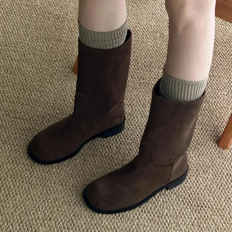 牛皮版~韩系宽筒真皮骑士中筒靴女粗跟西部靴复古厚底马丁靴短靴