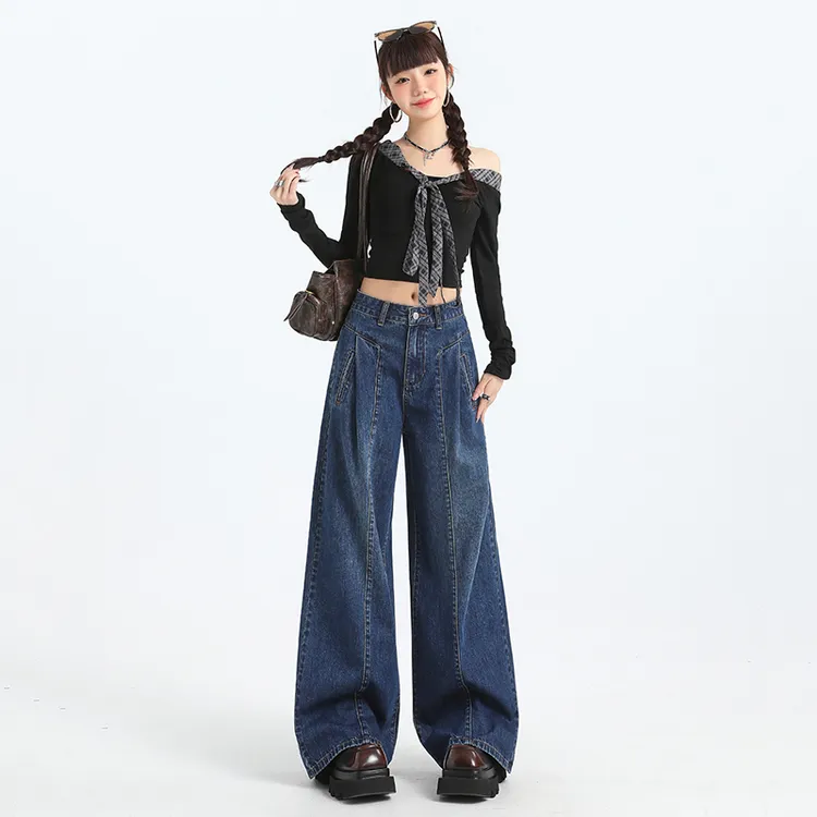 美式复古破洞弯刀牛仔裤女早春季设计感宽松显瘦拖地阔腿镰刀裤子