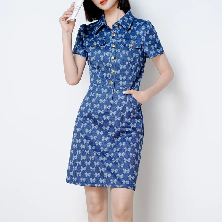 2025夏季新款仿牛仔连衣裙设计感小个子印花收腰显瘦裙御姐轻熟风
