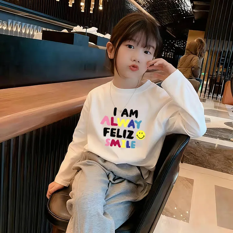 纯棉儿童长袖T恤2025秋款宽松白色休闲百搭女童秋装打底衫上衣