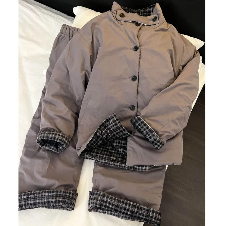 韩版纯色情侣款双面夹棉睡衣女秋冬款加厚大码棉服保暖家居服套装