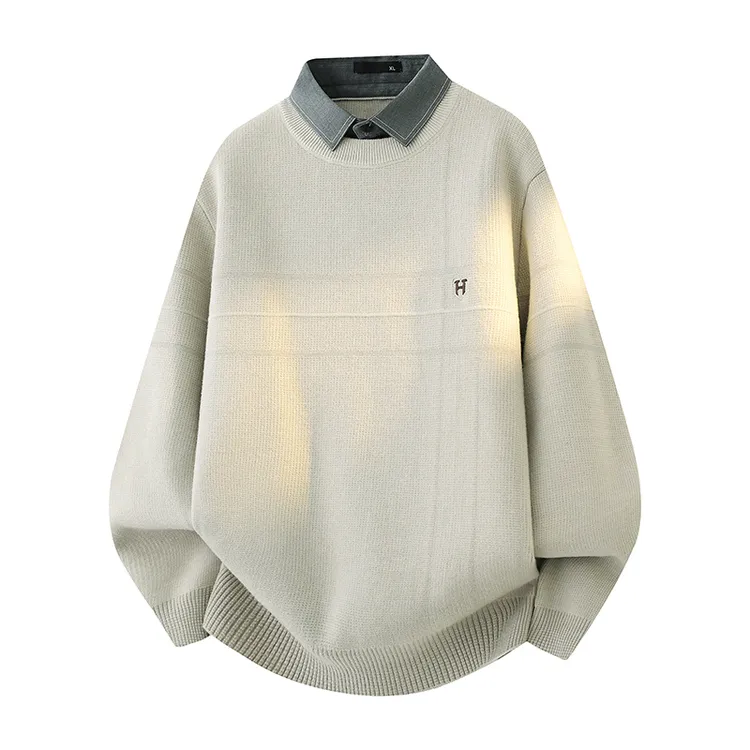 侨迪蒙拉轻奢高端秋冬季男士衬衫领针织衫加厚保暖假两件毛衣内搭