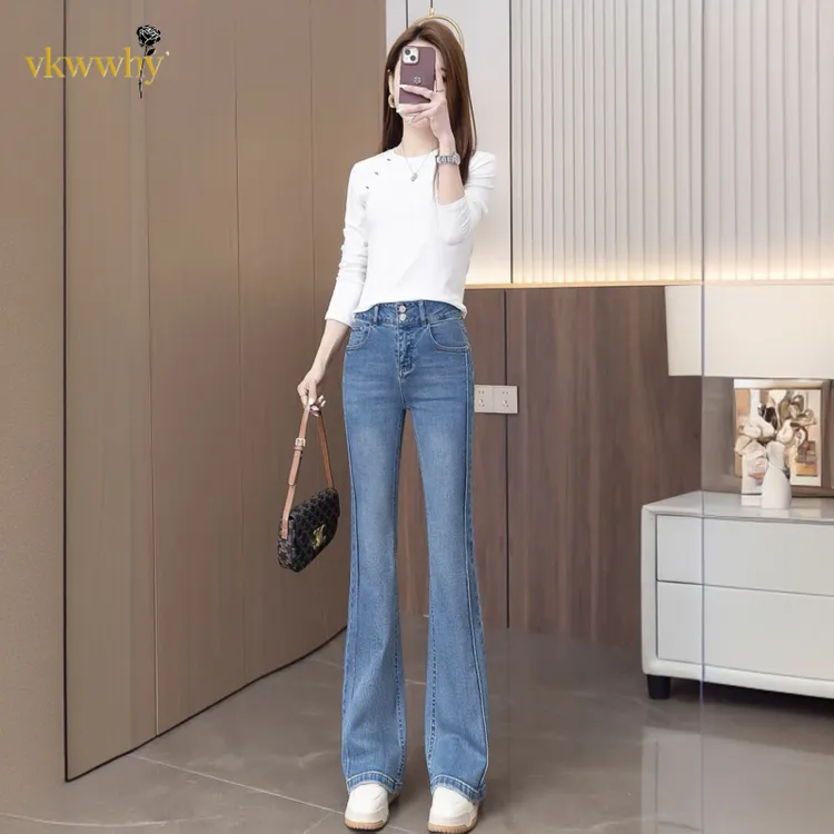 新款秋季百搭休闲微喇牛仔女士修身时尚薄款显瘦高腰长裤