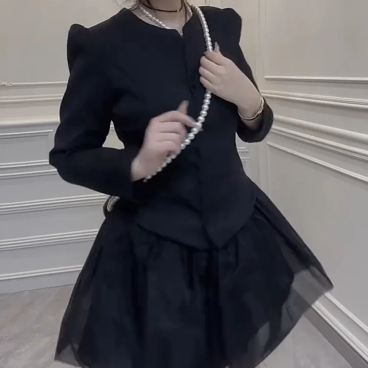 气质收腰显瘦法式上衣百褶裙假两件套小香风连衣裙