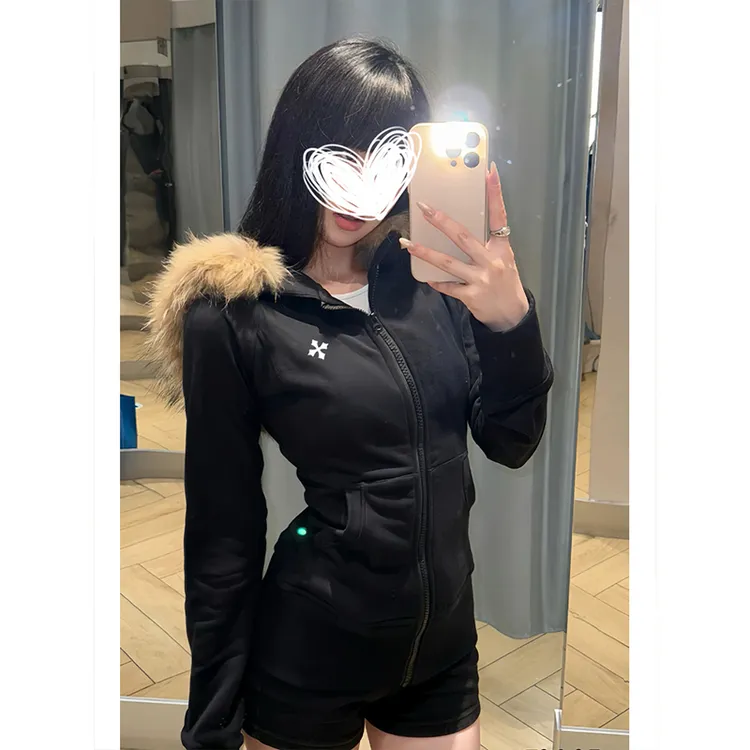 Moses Queen/魔西女王黑色毛领连帽卫衣加绒加厚长袖开衫上衣外套