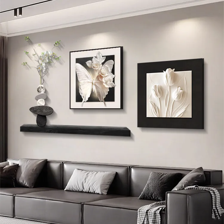 现代简约客厅装饰画黑白蝴蝶沙发背景墙挂画高级感绿植组合画壁画