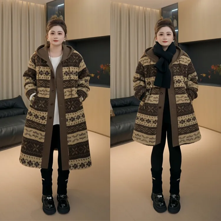 【胖佳佳】现货~麋鹿森林 假两件加厚羔毛提花连帽外套H625I17445