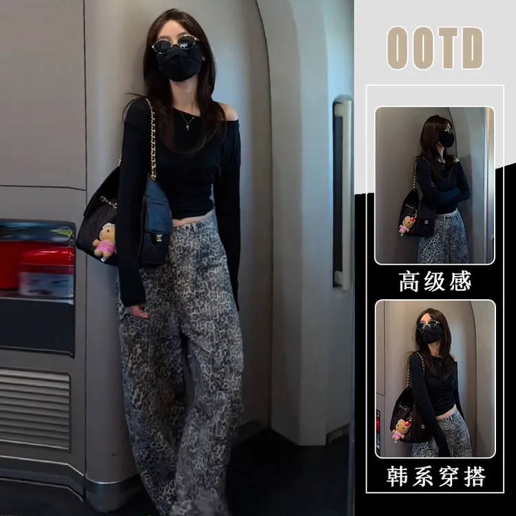早秋韩系ootd穿搭巨好看一整套装女绝美黑色斜肩上衣阔腿裤两件套
