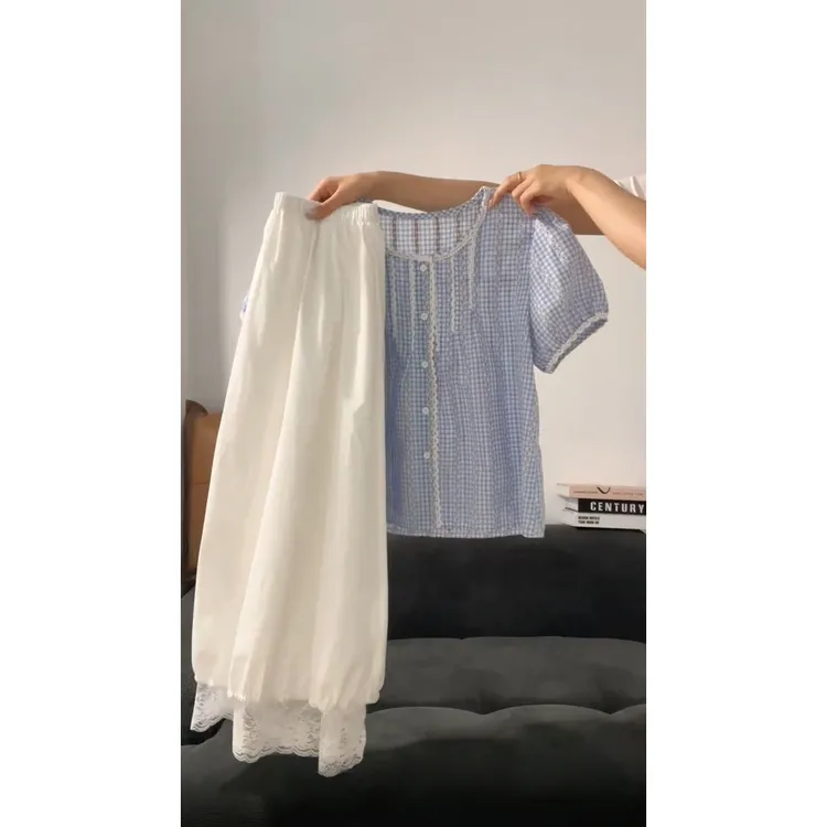 韩系独特好看高级感蓝色蕾丝边格纹衬衫上衣女夏季高腰半身裙套装