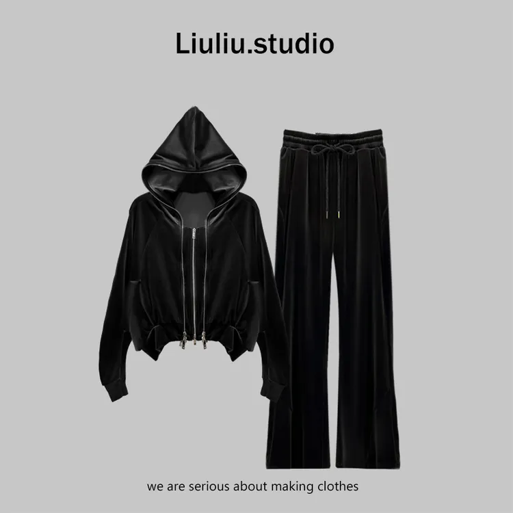 LiuLiu定制【暗夜黑】设计师欧美宽松连帽丝绒外套+显瘦长裤套装