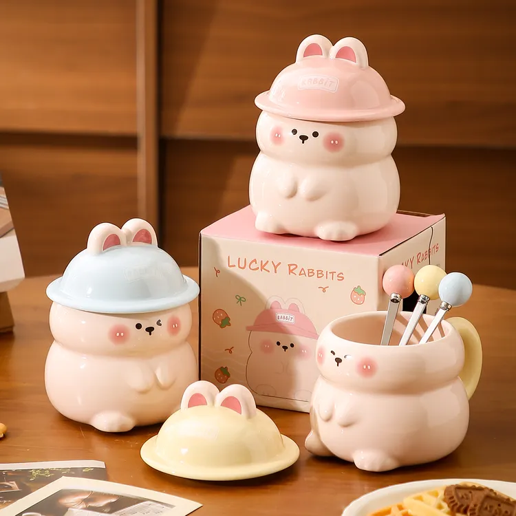 精东家可爱兔子造型马克杯创意带盖勺陶瓷咖啡杯送女生日礼物水杯