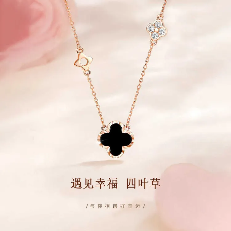 坠链均足银锆石 999足银四叶草项链女生轻奢七夕情人节礼物送女友