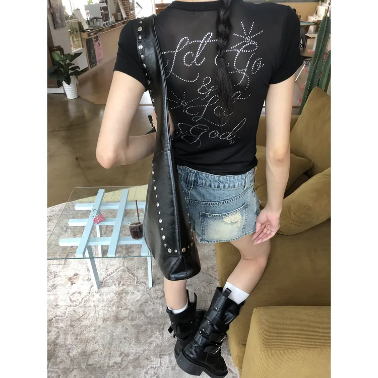 【偷藏星光】夏季ins美式水钻显瘦修身辣妹露背T恤252Y2672#