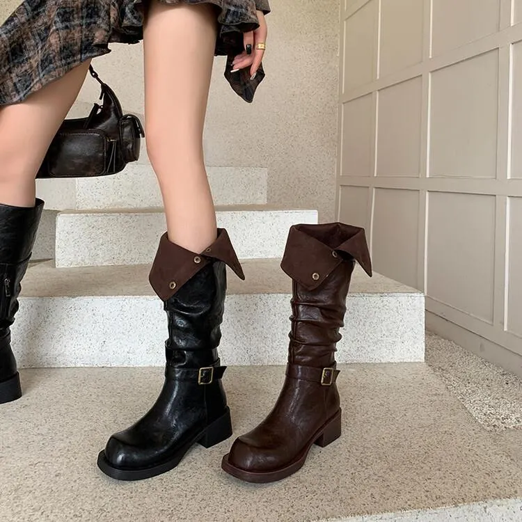 店主诚推~！两穿新款真皮粗跟厚底骑士靴高颜值百搭堆堆靴长靴女