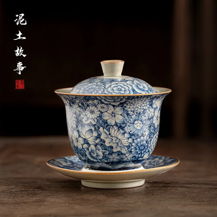 老陶泥三才盖碗茶杯单个高档茶碗带盖茶具防烫三才盖碗泡茶套装