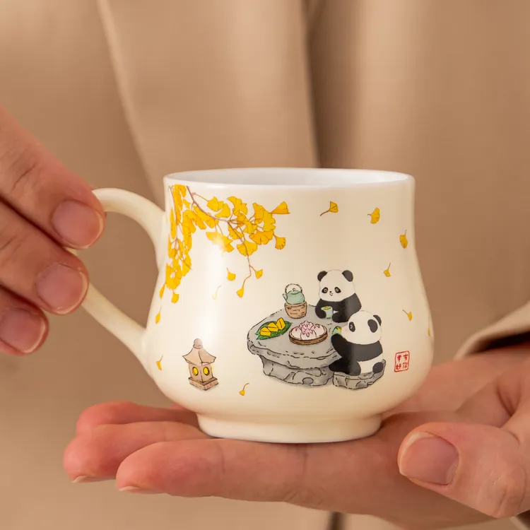 下午茶熊猫陶瓷茶杯主人杯单杯家用带把防烫品茗杯个人专用喝茶杯