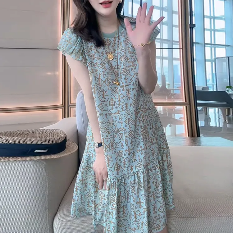 欧货大码设计感印花短袖连衣裙女夏季洋气减龄宽松遮肉显瘦长裙子