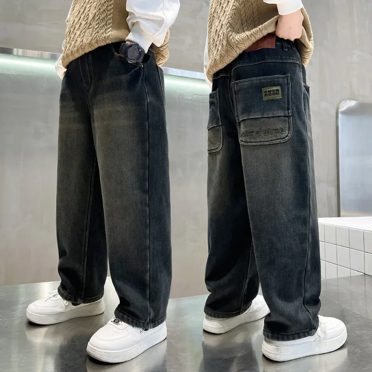 男童加绒裤子春秋冬款2025新款中大儿童牛仔裤男孩秋装宽松长裤