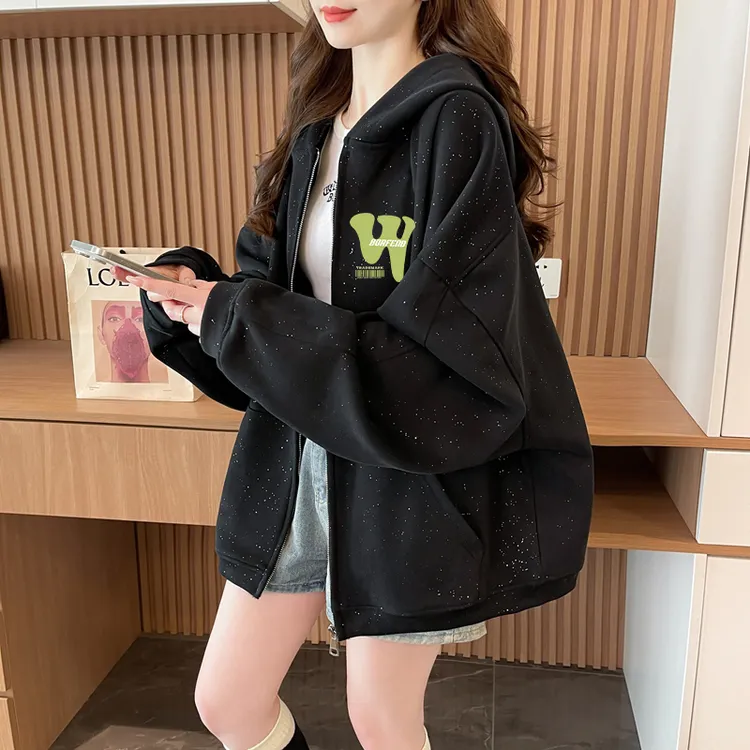 宽松大码拉链开衫卫衣女秋冬爆款韩版时尚亮闪闪设计感连帽外套潮