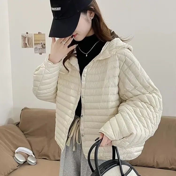 【新国标90白鸭绒】女显瘦休闲轻薄排骨款羽绒服连帽外套弯刀袖宽松