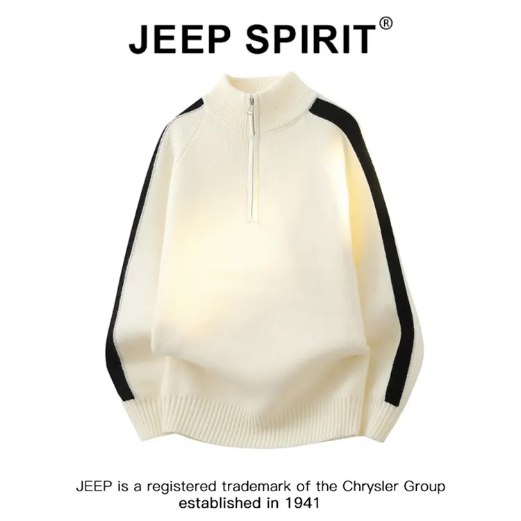JEEPSPIRIT吉普半拉链立领毛衣秋冬季美式风撞色运动针织衫男外套