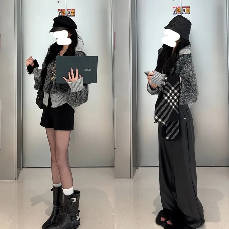 【出街私服】撞色宽松显瘦遮肉毛衣开衫直筒阔显长皮裤套装女S11232