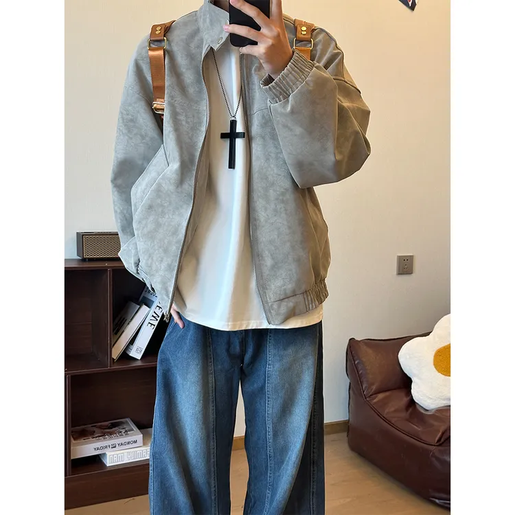 扎染pu皮衣夹克男秋冬季新款重磅立领棒球服设计感小众高级感外套