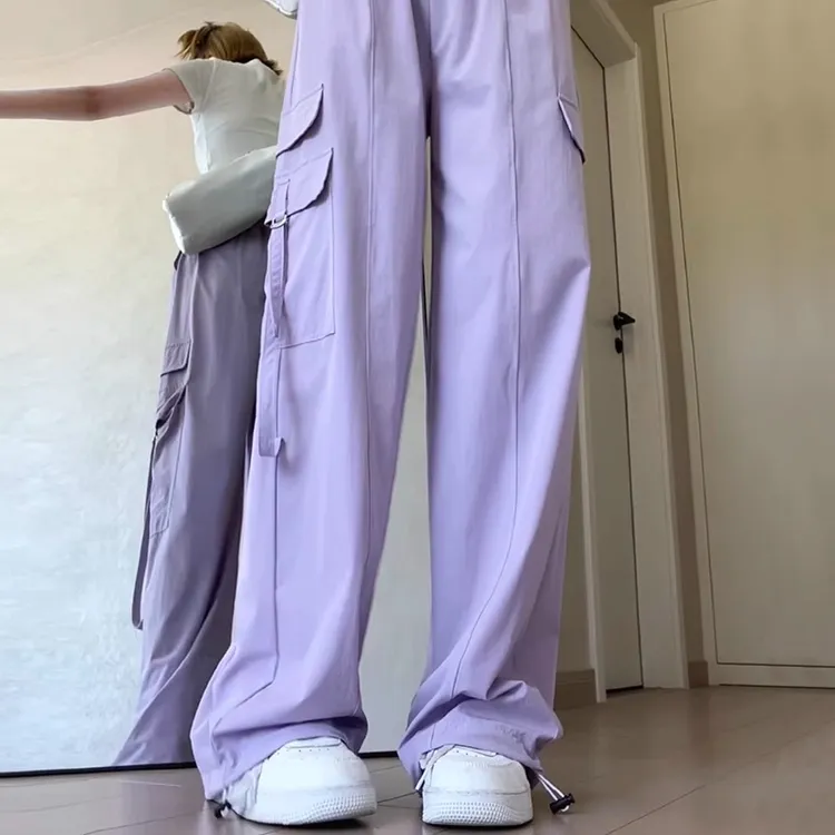 紫色工装裤女夏季薄款2025新款高腰垂感阔腿裤宽松速干运动裤