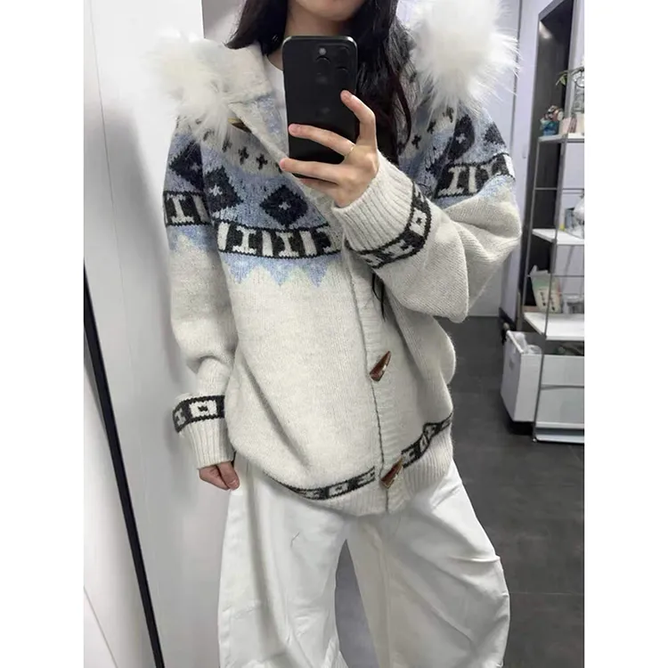 费尔岛牛角扣毛领连帽针织毛衣男女秋冬加厚宽松慵懒情侣开衫外套