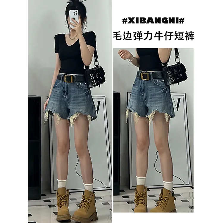 毛边流苏牛仔短裤女夏季薄款百搭显瘦辣妹高腰弹力破洞阔腿热裤潮