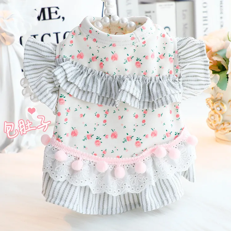 春秋装小狗衣服猫咪公主裙碎花护肚居家服睡衣小型犬比熊宠物6346